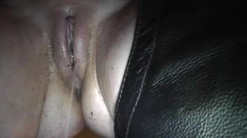 Woman wearing leather trousers had her slit pounded by an enormous horse cock