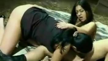 Pair of sleazy dark-haired chicks and a chestnut stallion savoring filthy blowjobs